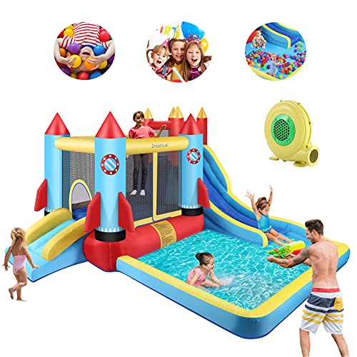Inflatable Water Bounce House with Blower Kids Water Bouncy Castle with Slide, Climbing Wall, Plash Pool, Including Carry Bag Repair Kit ((146 x 132 x 81) Castle)