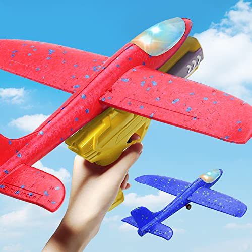 Aizoer LED Airplane Toy, 2 Flight Mode Catapult Plane Toy for Kids,Throwing Foam Plane with Launcher Toys One-Click Ejection Shooting Game Birthday Toy for 6 7 8 9 10 Year Old Boys and Girls