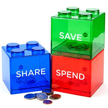 Load image into Gallery viewer, Save Spend Share Piggy Bank for Kids - Clear Transparent Plastic Coin Banks for Boys &amp; Girls - Teach Children About Giving &amp; Saving Money - Block Banks by Maxwill
