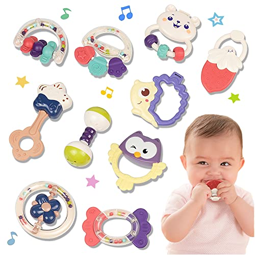 10pcs Baby Toys Rattles Set, Toddlers Chewing Teething Toys Grab Shaker Hand Bells and Spin Rattle Musical Toy Playset Early Educational Gift Toys for Baby Newborn Infant 6-12 Months
