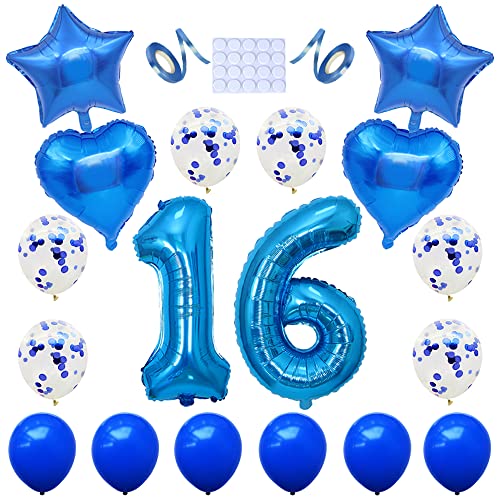 Yijunmca Blue 16 Number Balloons Kit Jumbo Number 16 32