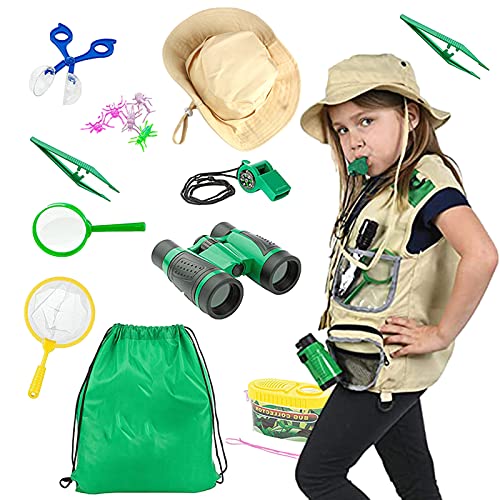 VMOPA Kids Explorer kit, 11 Pcs Outdoor Adventure Camping Toys Set Includes Washable Vest and hat, with Children's Binoculars, Insect Bag, Butterfly net and Magnifying Glass, Suit for Boys and Girls