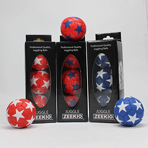 Zeekio Satellite Juggling Ball Set of 3 - Millet filled-67mm-125g - Great Grip - 12 Panel- 3 Ball (Red with White Stars)