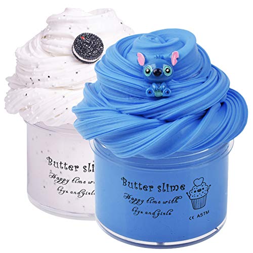 2 Pack Butter Slime Kit, Blue Stitch White Oreo Charm with Glitters Foam, Scented Thick Slime Soft Cotton Candy Putty DIY Sludge Toys for Girls Boys, Premade Slime Kids Party Favors