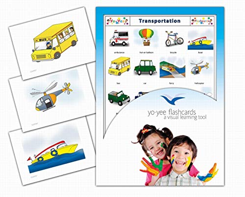 Yo-Yee Flash Cards - Transportation and Vehicle Picture Cards - English Vocabulary Cards for Toddlers, Kids, Children and Adults - Including Teaching Activities and Game Ideas and More