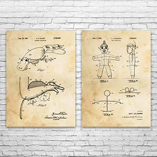 Puppet Patent Prints Set of 2, Ventriloquist Gift, Toy Store Art, Puppeteer Gift, Puppet Blueprint, Retro Puppet Vintage Paper (5 inch x 7 inch)