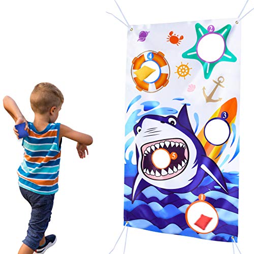 Shark Toss Game Banner with 3 Bean Bags - Shark Party Supplies for Kids Birthday Party Favor Under The Sea Ocean Themed Bean Bag Game Sets Indoor Outdoor Throwing Games Decor, 55'' x 30''