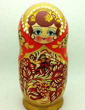 Load image into Gallery viewer, Gold Red Russian Traditional Nesting Dolls Hand Carved Hand Painted 5 Piece Doll Set 7&quot; H Tall
