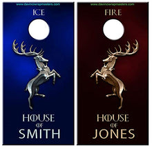 Load image into Gallery viewer, DaVinci Wrap Masters Personalized &#39;House of Baratheon Laminated Vinyl Corn Hole Board Decals.
