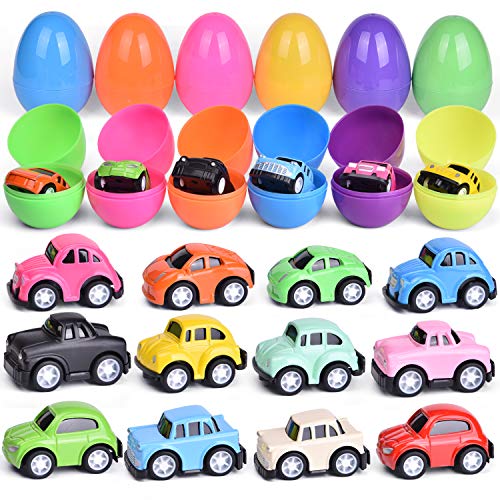 FUN LITTLE TOYS 12 PCs Easter Eggs Prefilled with Pull Back Cars Toy Vehicles for Easter Party Favors, Easter Basket Stuffers, Easter Egg Fillers, Goodie Bags Fillers, Classroom Prizes, Pinata Fillers