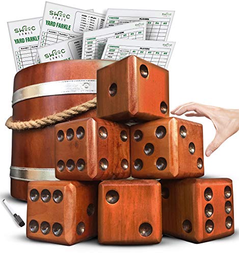 SWOOC Games - Yardzee, Farkle & 20+ Games - Giant Yard Dice Set (All Weather) with Wooden Bucket, 5 Big Laminated Score Cards, and Dry Erase Marker - Jumbo Backyard Lawn Games