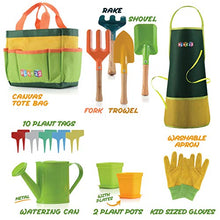 Load image into Gallery viewer, Play22 Kids Gardening Tool Set 12 PCS - Kids Gardening Tools Shovel, Rake Fork Trowel Apron Gloves Watering Can and Tote Bag - Wooden Gardening Tools for Kids Best Outdoor Toys Gift for Boys and Girls
