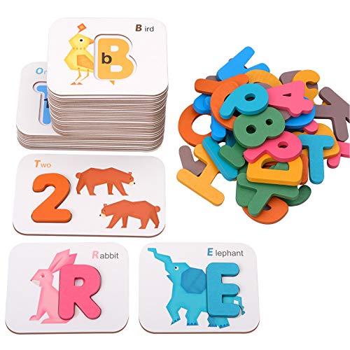 Coogam Alphabets and Numbers Flash Cards, Wooden Letters ABC Animal Matching Game Colors Sorting Puzzle, Montessori Preschool Learning Educational Toy Gift for Kids 4 5 6 Years Old Kids