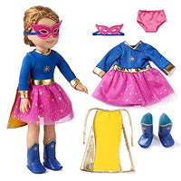 fundolls Doll-Clothes-Accessories for 14 Inch American-Girl Wellie Wishers Doll - 5 Pcs Superhero-Costume Clothes Set Includes Dress, Cape, Underwear, Mask and Boots