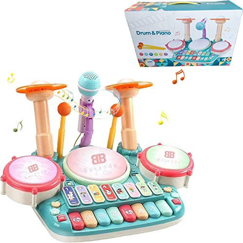 Besandy Drum Toys Set with Light 5 in 1 Musical Instruments Toys - Kids Electronic Piano Keyboard - Xylophone for Suitable for Children Over 12 Years Old