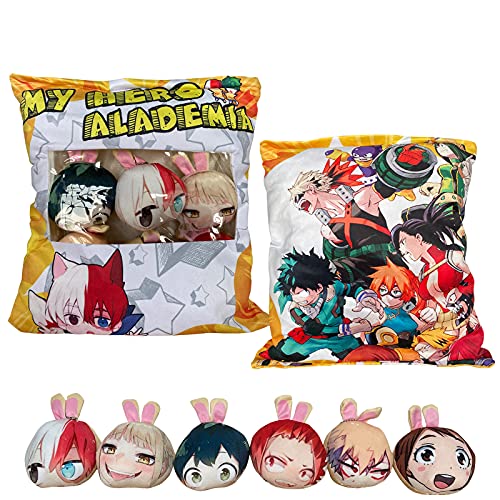 MHA Plush Toy Pillow Cute Snack Bag Toy with 6 Mini Plush Toys Throw Cushion Pillows Izuku Midoriya Stuffed Cosplay Doll Pillow Lovely Doll Toy Pillow, Best Gift for Anime Fans
