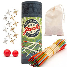 Load image into Gallery viewer, Jacks Game and Wooden Pick Up Sticks Combo Pack. 12 Metal Gold and Silver Jax. 2 Sizes of red high Bounce Balls. 40 Pick Up Sticks. Fun Retro Kids Games and Family Games by Dr. Rocket
