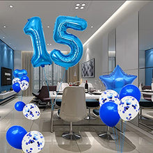Load image into Gallery viewer, Yijunmca Blue 15 Number Balloons Kit Jumbo Number 15 32&quot; Helium Hanging Balloon Foil Mylar Confetti Latex Balloon for Boys Girls 15th Birthday Party Supplies 15 Anniversary Events Decoration
