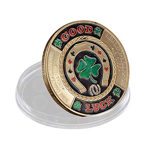 SW AINYROSE Poker Card-Guard Coin Collectibles Table Games Poker - Good Luck w/Plastic Case, Las Vegas Good Luck Horseshoe/Shamrock Poker Coin Chip Card Guard Protector