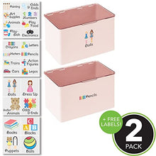 Load image into Gallery viewer, mDesign Plastic Stackable Storage Organizer Toy Box with Lid for Action Figures, Crayons, Markers, Building Blocks, Puzzles, Craft or School Supplies - Pack of 2, 32 Labels Included - Light Pink/Clear
