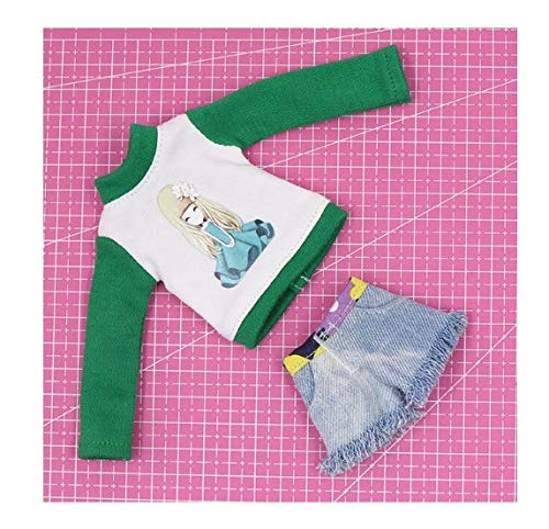 Studio one Green Casual Long Sleeve t-Shirt Jean Short Pants Clothes for Blythe Doll 1/6 bjd 12 inch Doll