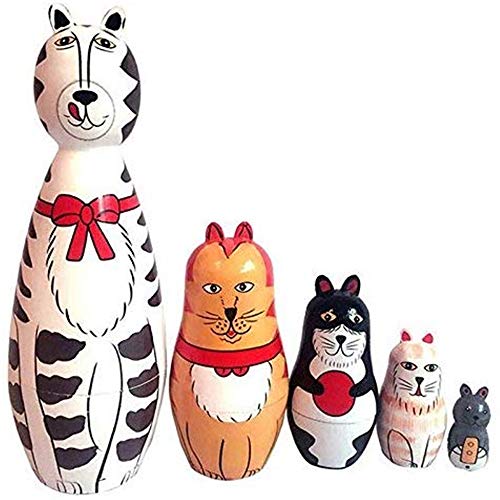 5-Nesting Cute Wooden Nesting Dolls Matryoshka Animal Russian Doll (Cat) Wooden Craft Craft Gift Customization