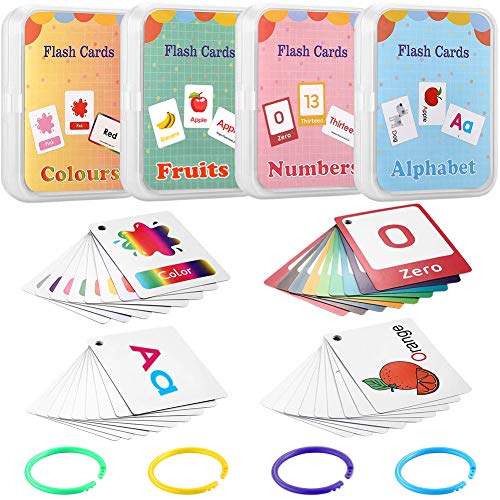 Preschool Learning Flash Cards Set of 4, Numbers, Alphabets, Colors, and Fruits, 100 Cards with 200 Pictures Early Educational Toy Gift for Kindergarten Tuddler Double-Sided Cards with Buckle