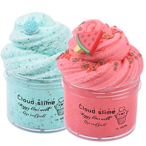 2 Pack Cloud Slime Kit Ocean Blue Oreo Slime Red Watermelon Charm with Glitters Foam Slices for Girls Boys, Stretchy Slime Cotton Mud DIY Craft Toys Kids Party Favors