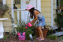 Load image into Gallery viewer, Kids Garden Set &amp; Bucket Hat Combo: Real Metal Tools &amp; Wooden Handles; Shovel, Rake &amp; Pitch Fork, Pitcher, Gloves &amp; Carrying Bag. Sure-Fit Adjustable Hat with Chin Strap &amp; Ventilation Panels. Pink S/M
