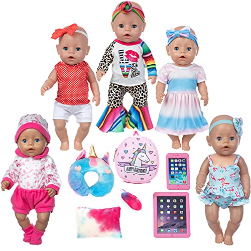 ZQDOLL 22 Pcs 14-16 inch Baby Doll Clothes Dress and Accessories Include 5 Set Doll Clothes with Doll Backpack Mini Phone ?Pillow Eye Mask fits 43cm New Born Baby Dolls, American 18 Inch Girl Doll