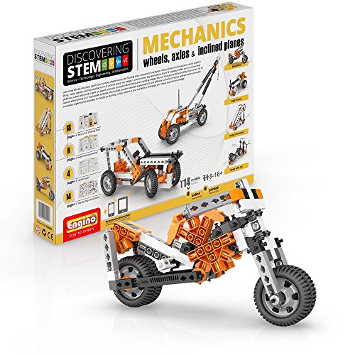 Engino Discovering STEM Mechanics Wheels, Axles and Inclined Planes | 14 Working Models | Illustrated Instruction Manual | Theory & Facts | Experimental Activities | STEM Construction Kit
