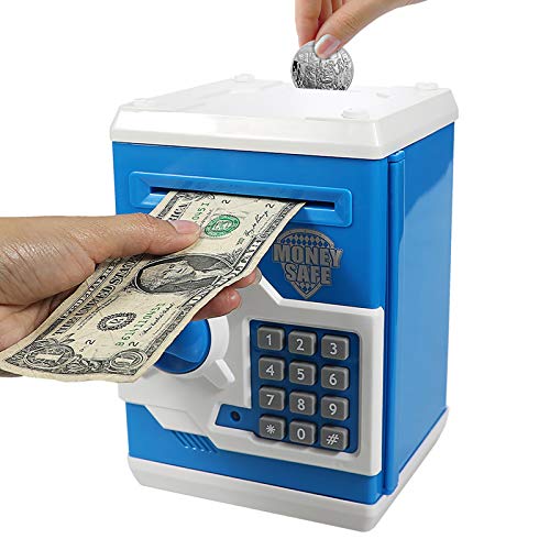 Cargooy Mini ATM Piggy Bank ATM Machine Best Gift for Kids,Electronic Code Piggy Bank Money Counter Safe Box Coin Bank for Boys Girls Password Lock Case (Blue)