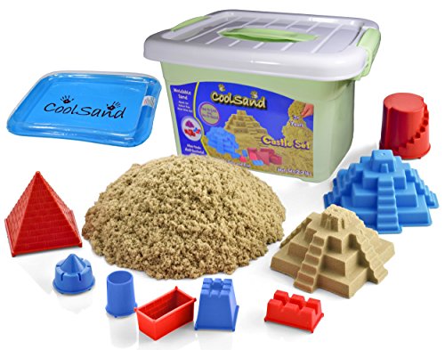 CoolSand Deluxe Bucket - Castle Edition - Set Includes: 2 Pounds Moldable Indoor Play Sand, Shaping Molds, Inflatable Sandbox & Storage Bucket