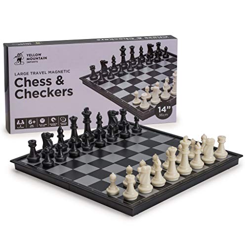 Yellow Mountain Imports Large 2-in-1 Travel Magnetic Chess & Checkers Board Game Set - 14 Inches
