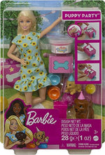 Load image into Gallery viewer, Barbie Doll (11.5-inch Blonde) and Puppy Party Playset with 2 Pet Puppies, Dough, Cake Mold and Accessories, Gift for 3 to 7 Year Olds

