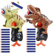 Load image into Gallery viewer, Happitry Dinosaur Blaster Gun Toys for Boys 3 4 5 6 Year Old, Small Dino Foam Guns for Toddlers Age 3-5, Cool Toddler Toy Gun Gifts for Little Kids Birthday or Christmas, 2 Pack T-rex &amp; Triceratop
