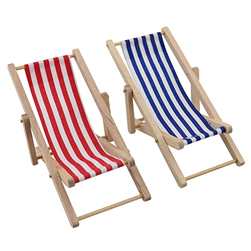 YHXiXi 2pcs Mini Wooden Folding Beach Sunbath Chair Longue Deck Chair Craft Striped Furniture for Dollhouse Home Desk Garden Decoration (1 x Red+1 x Blue)