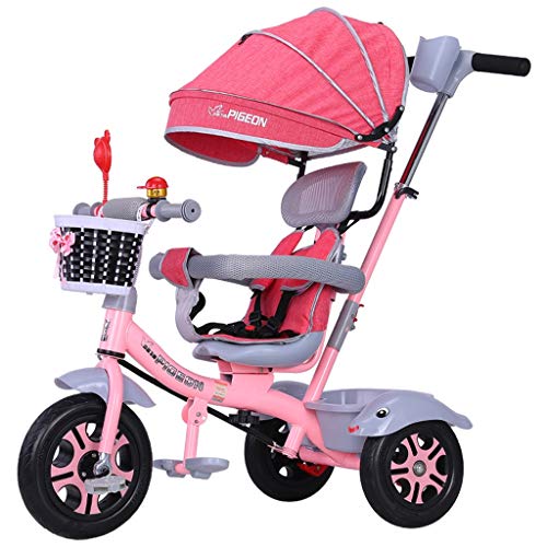 Moolo Children's Tricycle, Kids' Trikes 4 in 1 Bicycle 1-3-6 Year Old Trolley Child Bicycle Awning Reversible Folding Pedal Multi-Function (Color : Pink)
