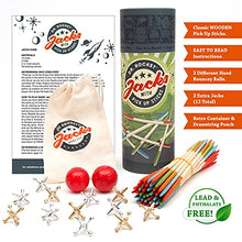 Load image into Gallery viewer, Jacks Game and Wooden Pick Up Sticks Combo Pack. 12 Metal Gold and Silver Jax. 2 Sizes of red high Bounce Balls. 40 Pick Up Sticks. Fun Retro Kids Games and Family Games by Dr. Rocket
