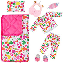 Load image into Gallery viewer, UNICORN ELEMENT 6 Pcs Colorful Heart Pattern American 18 Inch Girl Doll Clothes and Accessories Long-Sleeved Pajamas and Sleeping Bags Set
