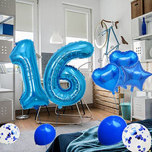 Load image into Gallery viewer, Yijunmca Blue 16 Number Balloons Kit Jumbo Number 16 32&quot; Helium Hanging Balloon Foil Mylar Confetti Latex Balloon for Boys Girls 16th Birthday Party Supplies 16 Anniversary Events Decoration
