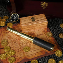 Load image into Gallery viewer, Mythrojan Mini Pirate Spyglass Telescope Brass Collapsible Hand Telescope with Wooden Box Small Vintage Telescope Pirate Decore Brass Decorative Telescope 9&#39;&#39;
