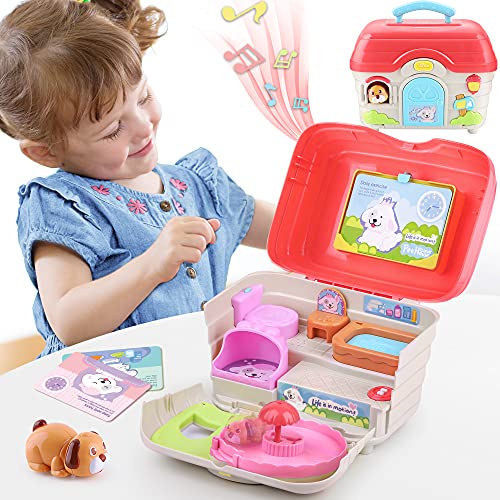 iPlay, iLearn Dog Doll Play House Toys for Toddler Girls Age 2-4, Portable Dollhouse Playset W/ Carrier, Pretend Play Puppy Pet Care Learning Toy, Birthday Gifts 3 4 5 6 Year Olds Little Gilrs Kids