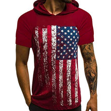 Load image into Gallery viewer, Forthery Men Workout Hooded Tank Tops American Flag Print Short Sleeve Gym Vest Tee(Red,US Size XS = Tag S)
