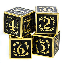 Load image into Gallery viewer, Fantasydice Nightwatch Large Gold Metal Dice Set 4X D6 Polyhedral Dice with Metal Box for Dungeons and Dragons (D&amp;D, DND 5 Edition) Call of Cthulhu Warhammer Shadowrun and All Tabletop RPG
