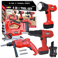 JOYIN 4-in-1 Realistic Construction Tool Toy Electric Tool Playset Construction Pretend Play STEM Tool Toy Kit with Working Functions Including Flashlight, Saw Tools and Electric Drill