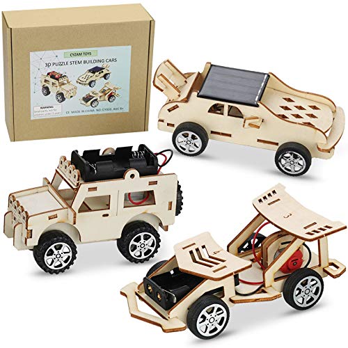 CYZAM DIY STEM Science Experiments Kits, 3D Puzzle Wooden Models Building Toys, DIY Solar Power Car STEM Projects for Kids Boys Girls Age 8-16 (3 Sets)
