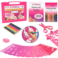 Toysical Drawing Stencils Set for Kids with Sticker Sheets - Gifts for Girls Ages 2, 3, 4, 5, 6 and 7 Year Old - Activity and Art N Crafts Kit - Awesome for Birthday (Pink)