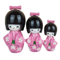 Phoenix Wonder 3 Pcs Lovely Japanese Doll Kimono Wooden Kokeshi Toy Girl Ornaments for House & Office Decoration, Pink