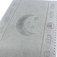 Load image into Gallery viewer, Luck Lab Leather Tarot Card Case/Holder - Grey - for Most Standard Size Tarot Cards (Fits Deck Size with Box Measuring 4.875 x 2.875 x 1.25)- Moon Design
